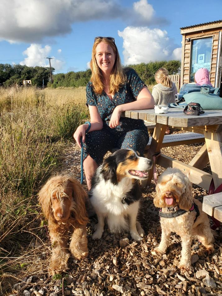 Dog walker with three dogs outdoors in Cornwall